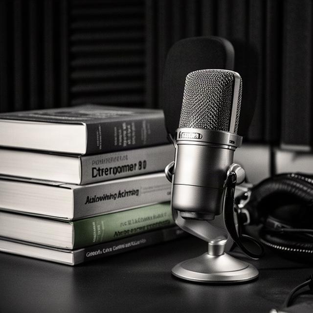 Microfoon naast juridische en technische vakboeken in een donkere podcaststudio