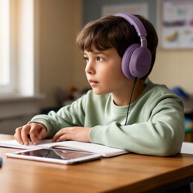 Jonge student die aandachtig luistert naar een onderwijs podcast aan een houten tafel